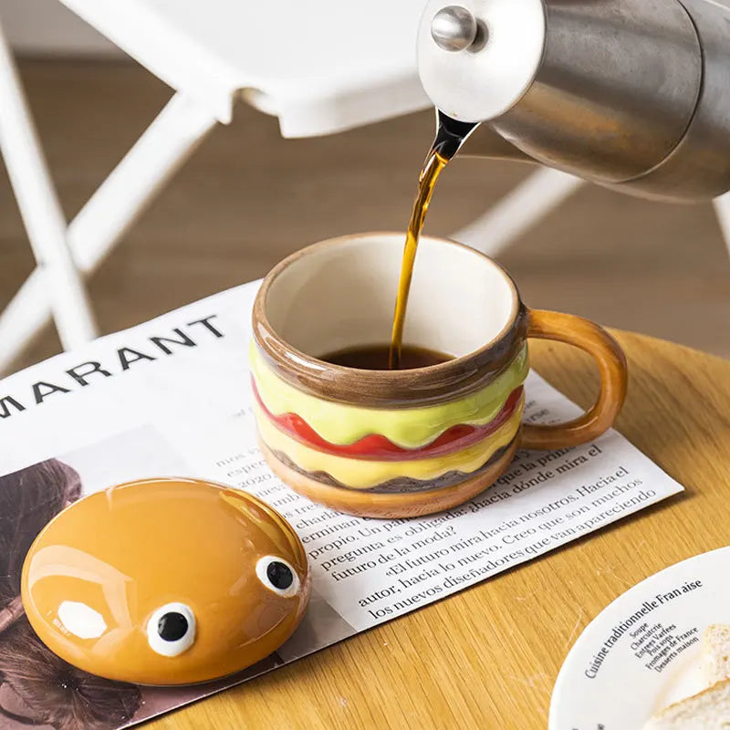 300ml Ceramic Cup Creative Hamburger Coffee Cup Cute Cartoon Children's Mug Breakfast Oatmeal Milk Cups with Lid Home Cups