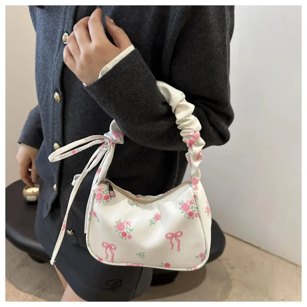 Women's Bag Summer Canvas Pleated Handlebags Armpit Bag Korean Floral Bow Printed Zipper Tote Bag Female Small Shoulder Bags