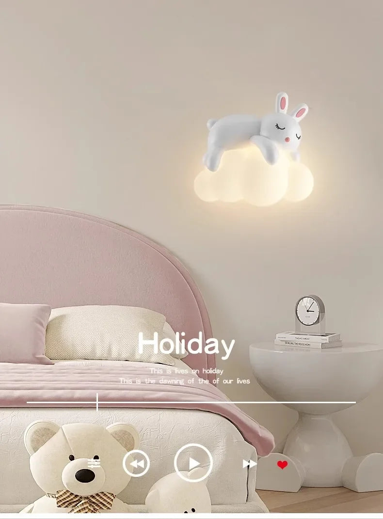 Cute Children's Room Bedside Wall Lamp Bear Rabbit Cloud Lamp Creative Cream Style Baby Room Nursery Boy Girl Bedroom Wall Light