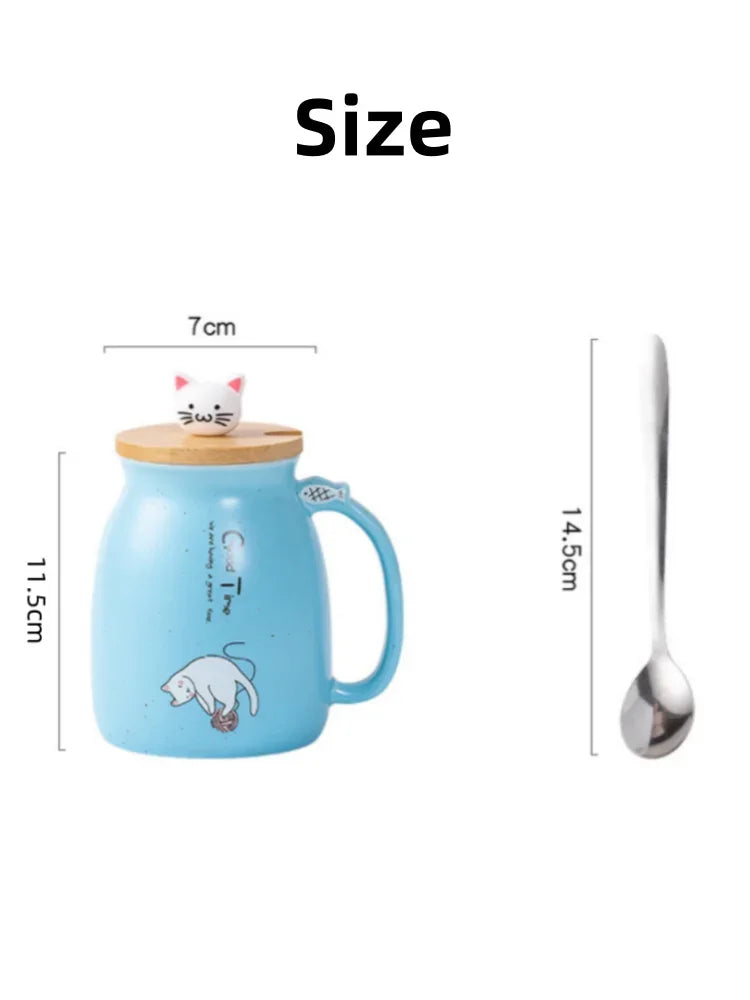 Cute Cartoon Ceramic Cup Japanese Coffee Mug with Wooden Lid and Spoon Iced Yogurt Smoothie Juice Cup Heat-resistant Water Mug