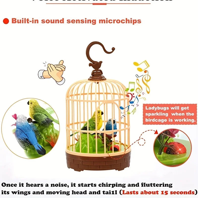Voice-Activated Induction Birds Birdcage Toy Talking Chirping Fluttering Parrot Birds Toys Gifts for Baby Toddler Kids Children