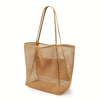 Women's Large Capacity Beach Tote Bag - Durable Polyester Woven Shoulder Bag with Open Top for Travel, Shopping