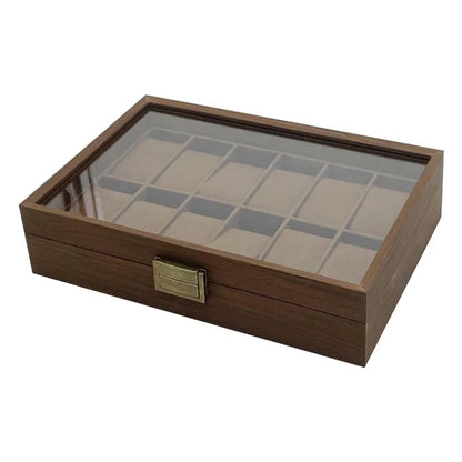 12 Slot Wooden Watch Box with Glass Lid Outside Wood Watch Display Case Gift Box Storage Organizer Props