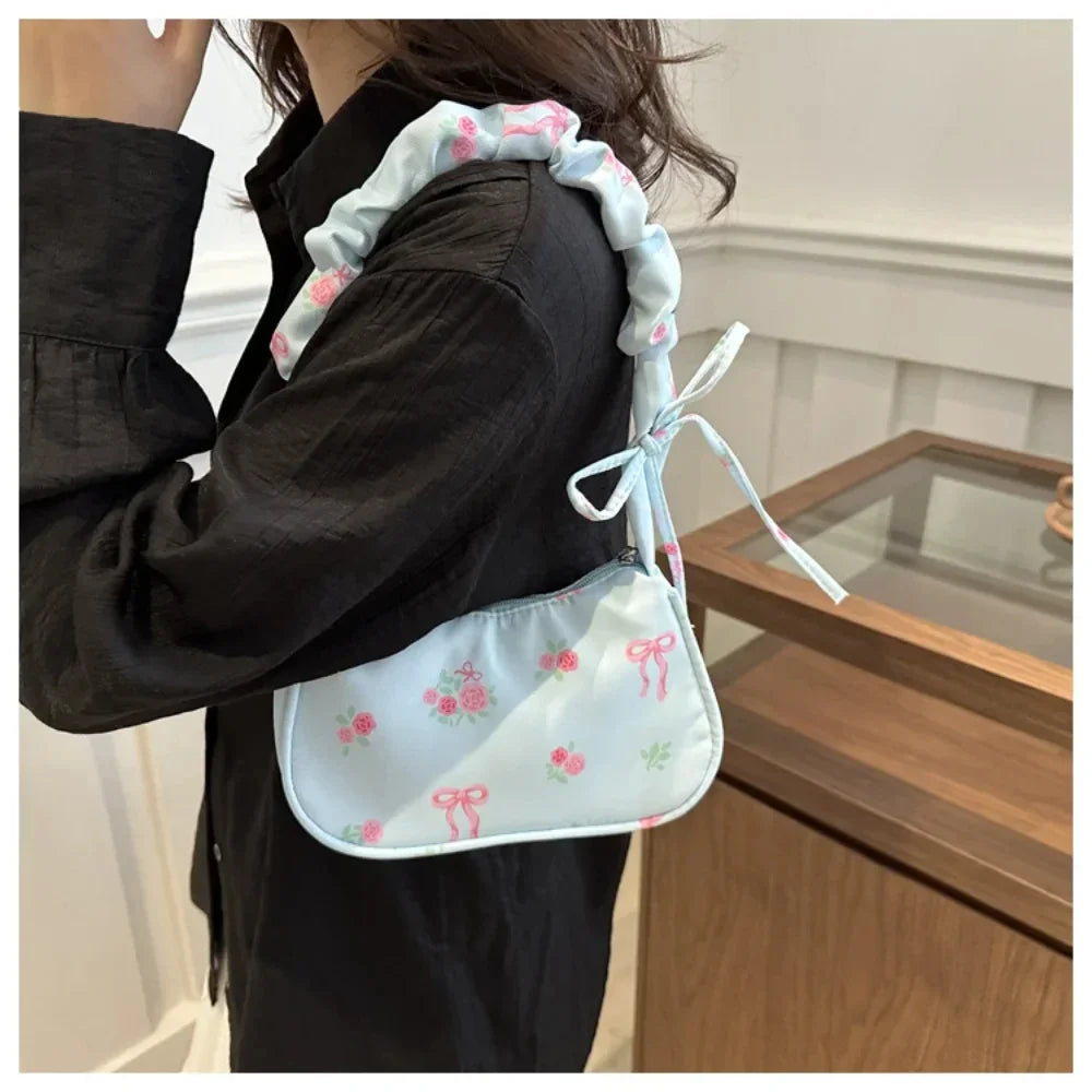 Women's Bag Summer Canvas Pleated Handlebags Armpit Bag Korean Floral Bow Printed Zipper Tote Bag Female Small Shoulder Bags