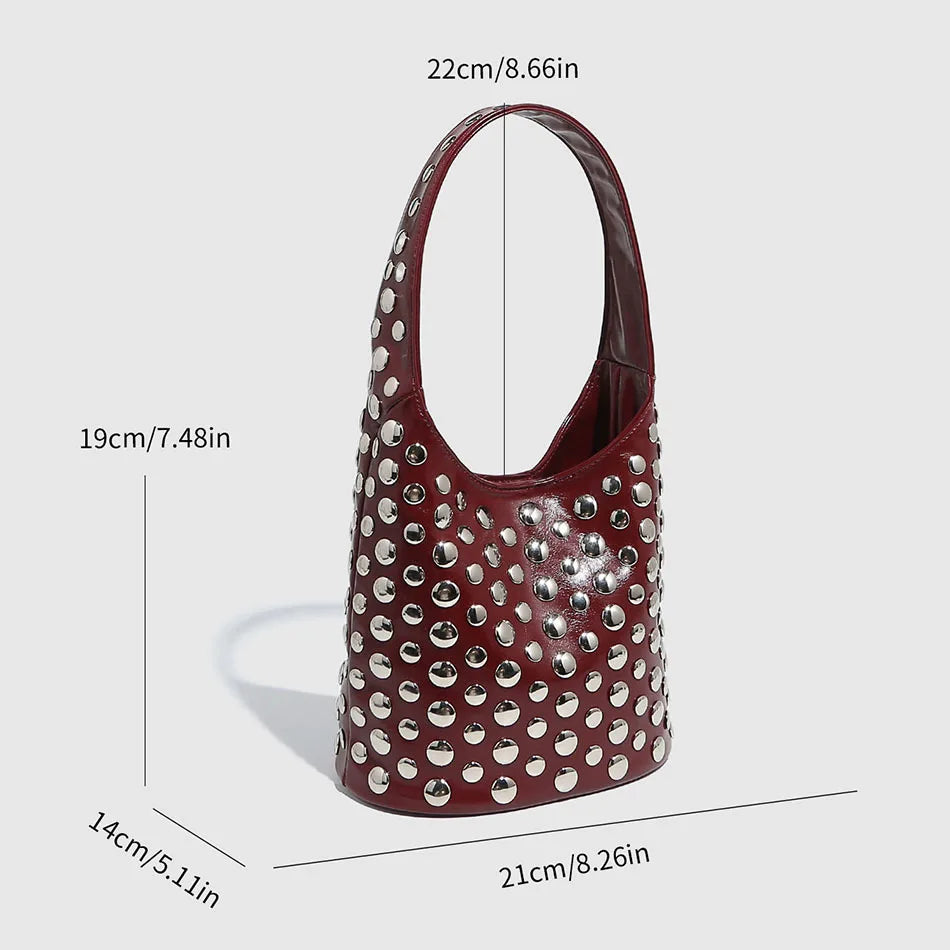 Women's Bags Punk Style Embellished Double-Faced Round Rivet Inlaid Niche Luxury Bucket Bag Chic Lady Underarm Shoulder Bag
