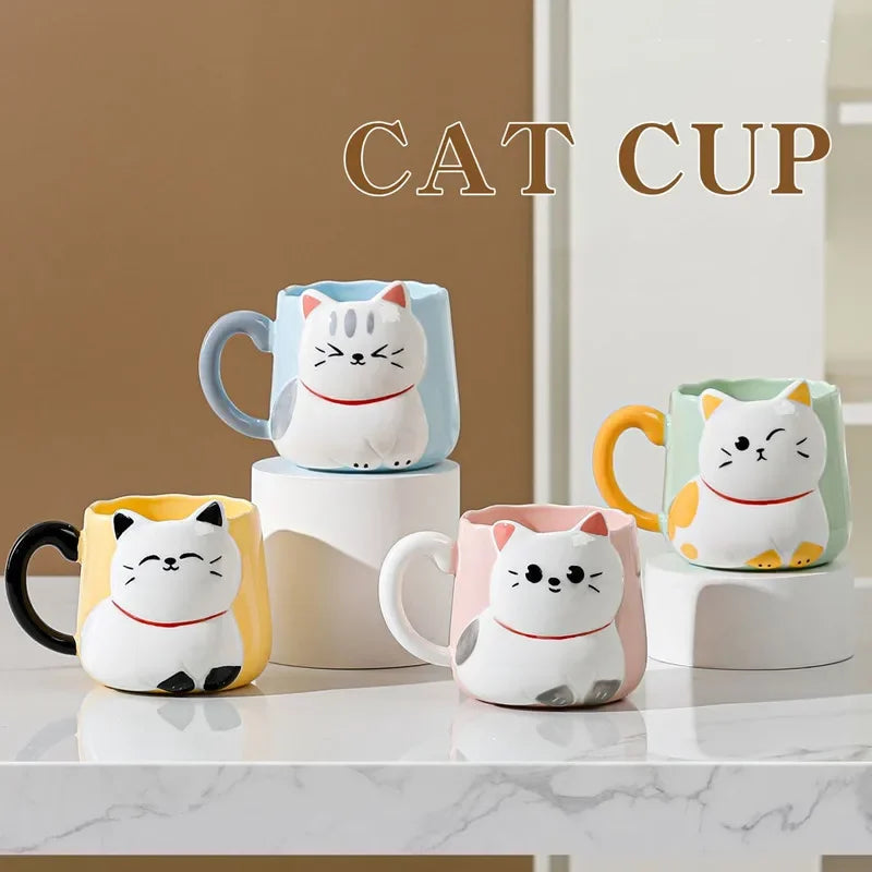 3D Embossed Ceramic Cup Cute Cat Coffee Milk Tea Breakfast Handle Cup Tableware Novelty Gift Home 500ml Mug