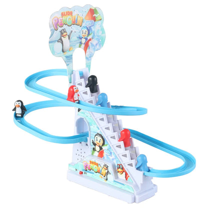 Kids Electric Climbing Stairs Toy DIY Small Penguin Dinosaur Rail Racing Track Music Roller Coaster Duck Toy For Baby Kids Gift