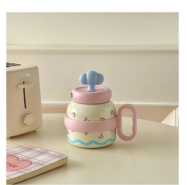 Large Capacity Insulated Cup Exquisite Printing Contrasting Straw Mugs Office Stainless Steel Portable Drinking Cups With Handle
