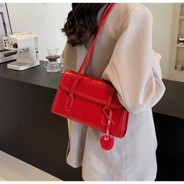 Fashion Red Shoulder Bags For Women Trendy Textured Solid Color Handbag Autumn Winter Versatile Female Underarm Pack