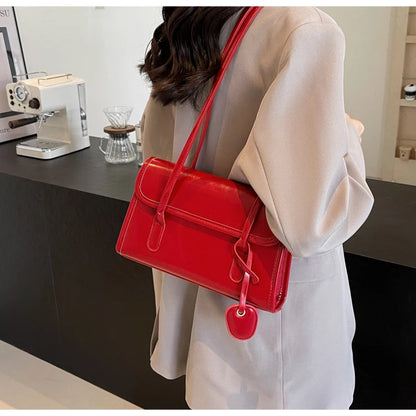 Fashion Red Shoulder Bags For Women Trendy Textured Solid Color Handbag Autumn Winter Versatile Female Underarm Pack