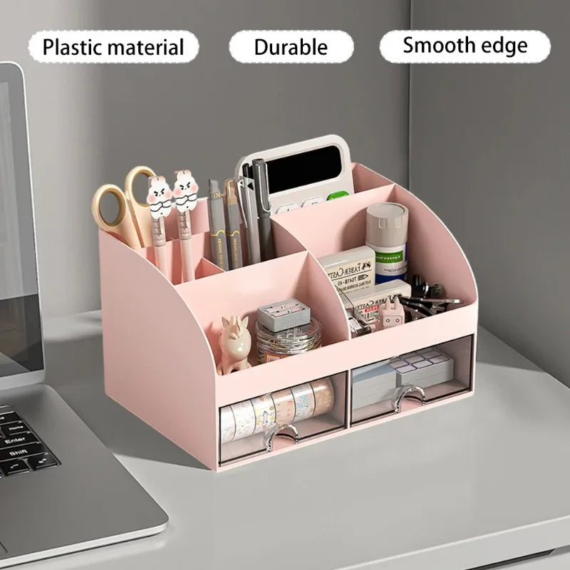Home Office Desktop Stationery Storage Box 6 Compartments 2 Drawers Decorative Desk Organizer Dressing Table Makeup Storage Case