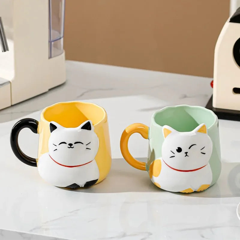 3D Embossed Ceramic Cup Cute Cat Coffee Milk Tea Breakfast Handle Cup Tableware Novelty Gift Home 500ml Mug
