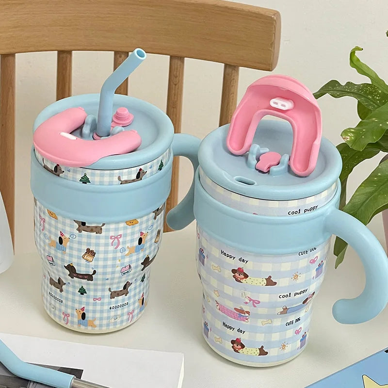 700/1200ml Large Capacity Straw Thermos Cup Stainless Steel Tumbler Bottle Car Travel Mugs With Handle Kawaii Thermos Cup Gift