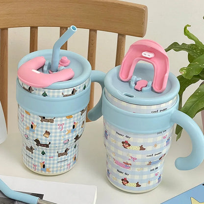 700/1200ml Large Capacity Straw Thermos Cup Stainless Steel Tumbler Bottle Car Travel Mugs With Handle Kawaii Thermos Cup Gift
