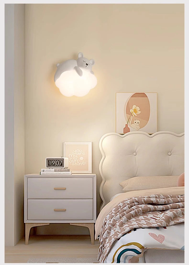 Cute Children's Room Bedside Wall Lamp Bear Rabbit Cloud Lamp Creative Cream Style Baby Room Nursery Boy Girl Bedroom Wall Light