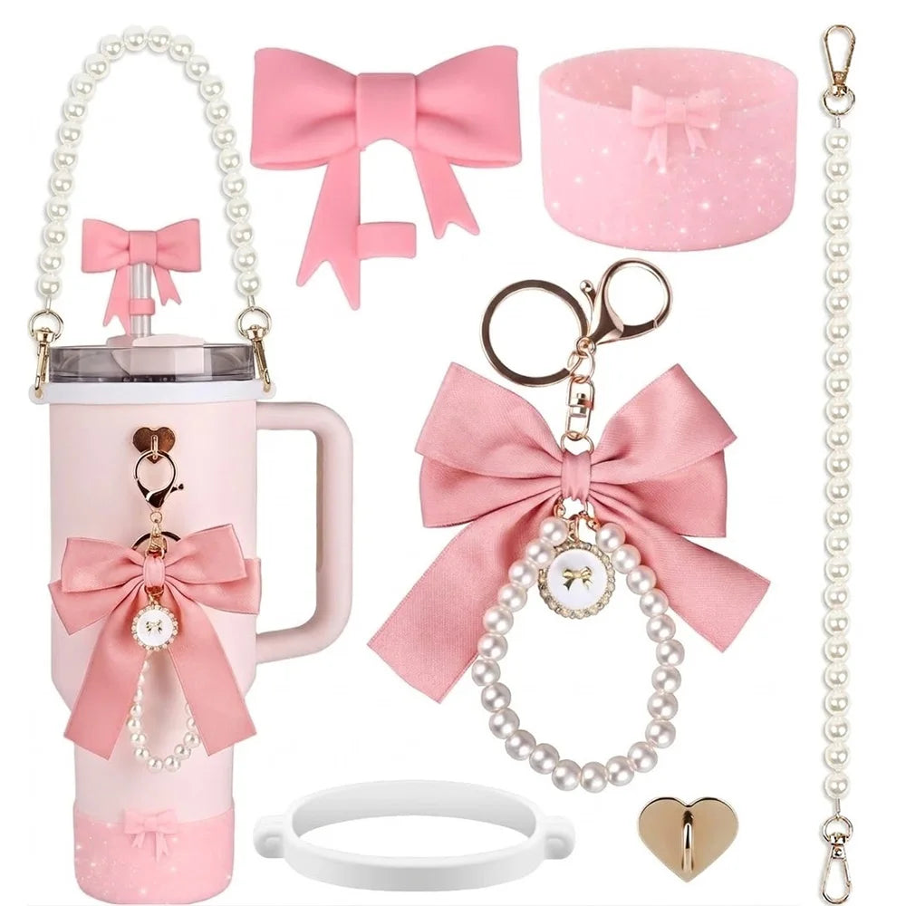 6pcs Tumbler Accessories Set for Stanley 40oz 30oz Cup, Perfect Gift, Coquette Bow & Pearl Style Water Bottle Decor for Gift