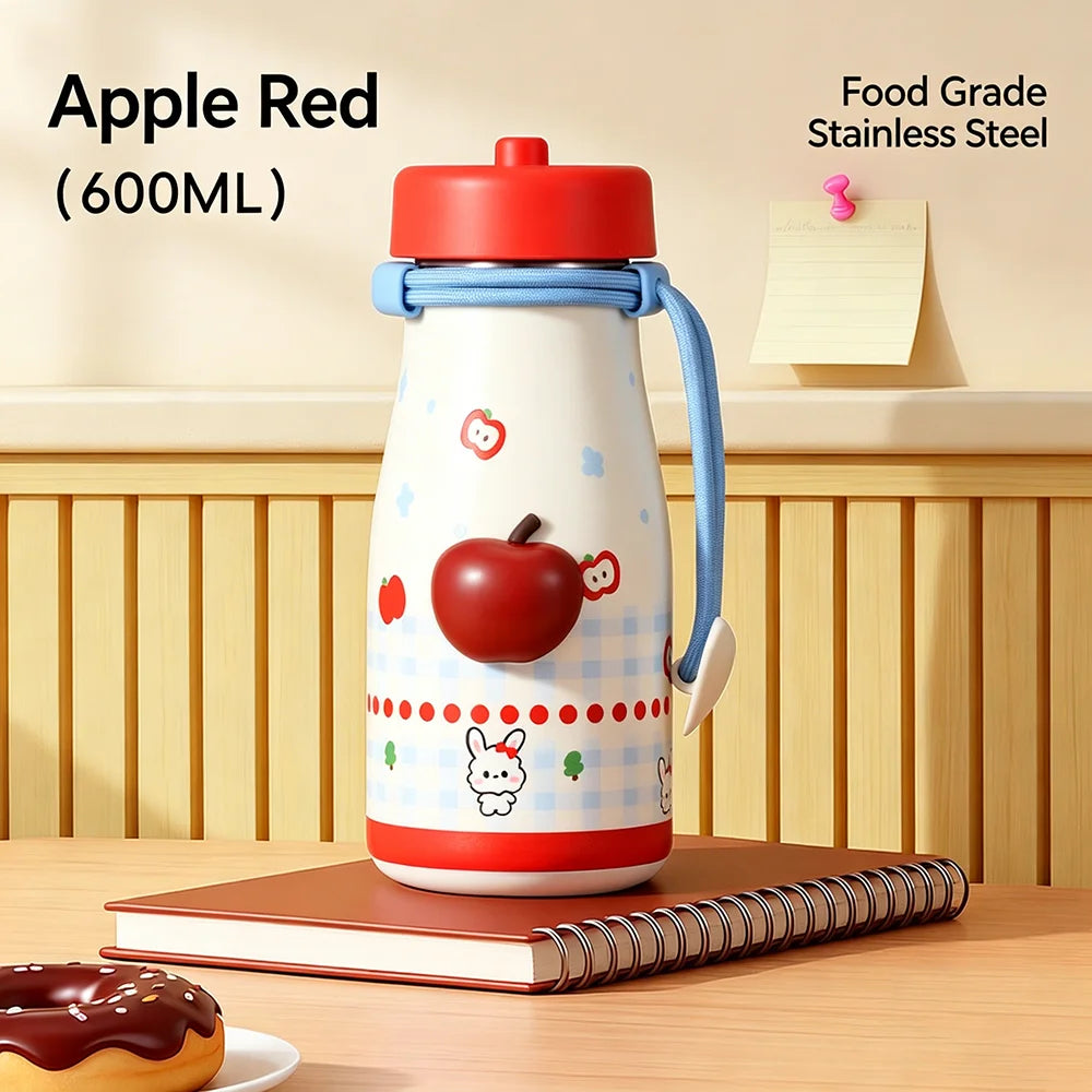 600ml Cute Cartoon Stainless Steel Water Bottle Leakproof Double Wall Insulated Tumbler with Portable Lanyard Students Outdoor