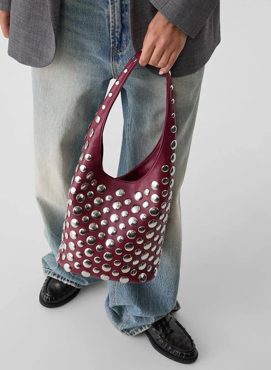 Women's Bags Punk Style Embellished Double-Faced Round Rivet Inlaid Niche Luxury Bucket Bag Chic Lady Underarm Shoulder Bag