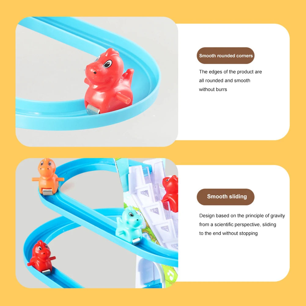 Kids Electric Climbing Stairs Toy DIY Small Penguin Dinosaur Rail Racing Track Music Roller Coaster Duck Toy For Baby Kids Gift