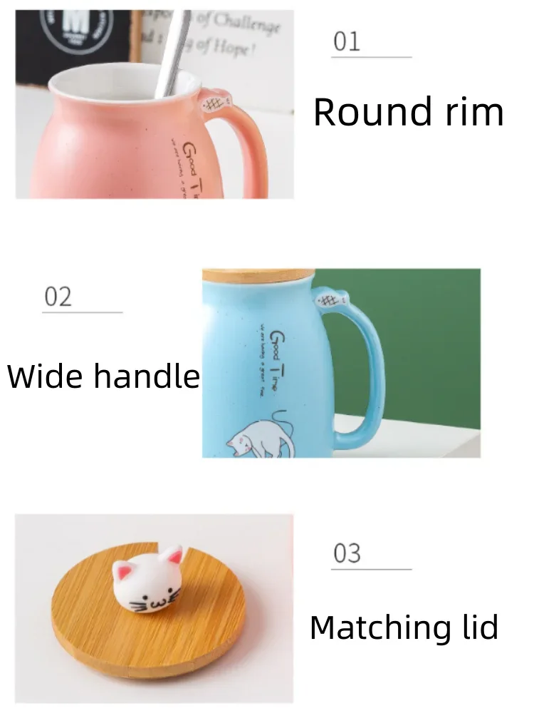 Cute Cartoon Ceramic Cup Japanese Coffee Mug with Wooden Lid and Spoon Iced Yogurt Smoothie Juice Cup Heat-resistant Water Mug