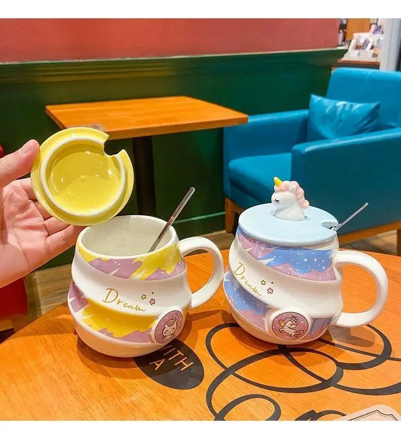 400ml Cute Unicorn Ceramic Cup Ins High Beauty Coffee Mug with Spoon Straw Box Dust Plug Small Summer Couple Water Cups Gift