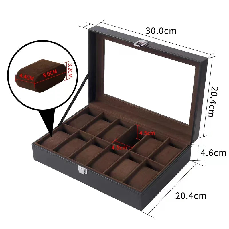 Watch Box, 12-10-6-Slots Watch Case with Large Glass Lid, Removable Watch Pillows, Watch Box Organizer, Gift for Loved Ones