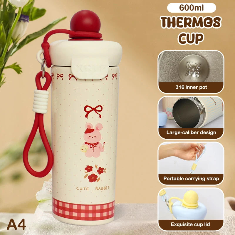 〔R〕Cartoon Animal Float Ball Water Bottle - 316 Stainless Steel Insulated Tumbler with Straw & Carry Strap for Kids and Students