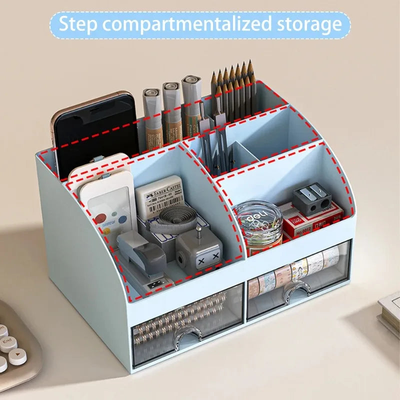 Home Office Desktop Stationery Storage Box 6 Compartments 2 Drawers Decorative Desk Organizer Dressing Table Makeup Storage Case