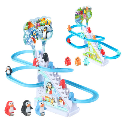 Kids Electric Climbing Stairs Toy DIY Small Penguin Dinosaur Rail Racing Track Music Roller Coaster Duck Toy For Baby Kids Gift