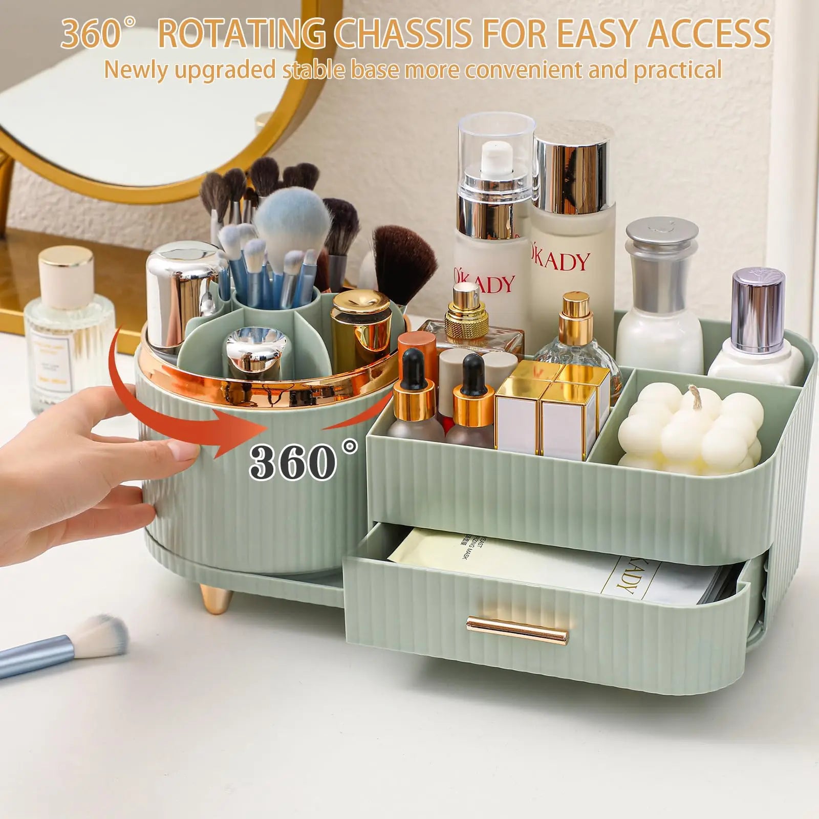 Makeup Brush Holder Large Capacity Skincare Organizer Makeup Organizer Countertop with Drawers 360 Rotating for Vanity Desk NEW